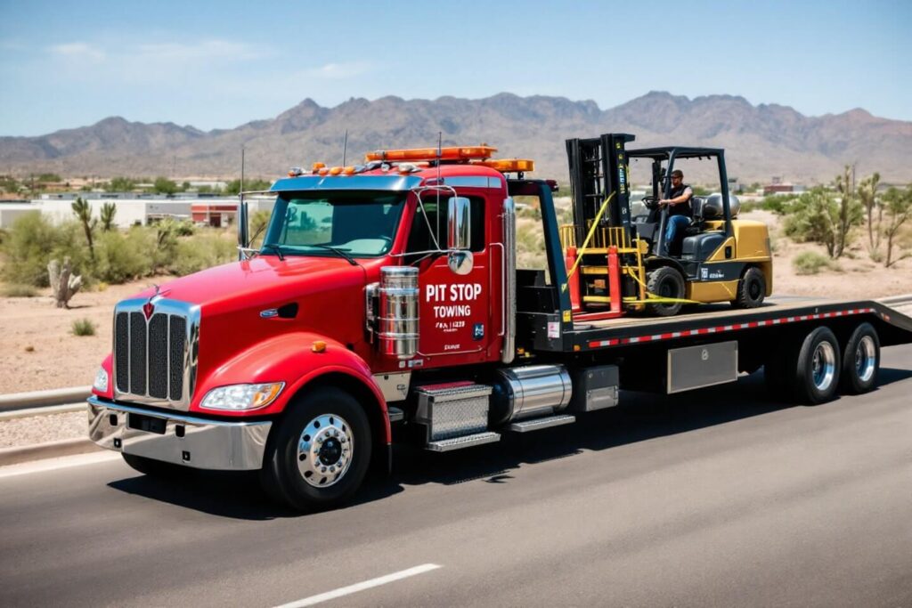 A red tow truck towing a forklift through a desert landscape, highlighting forklift towing capability in rugged areas.