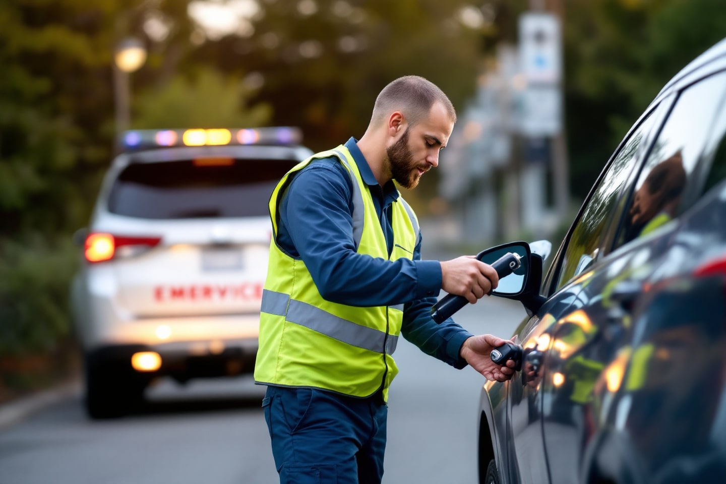 A roadside assistance technician in a reflective vest uses specialized tools to unlock a car, providing auto and truck lockout services, with an emergency vehicle in the background.