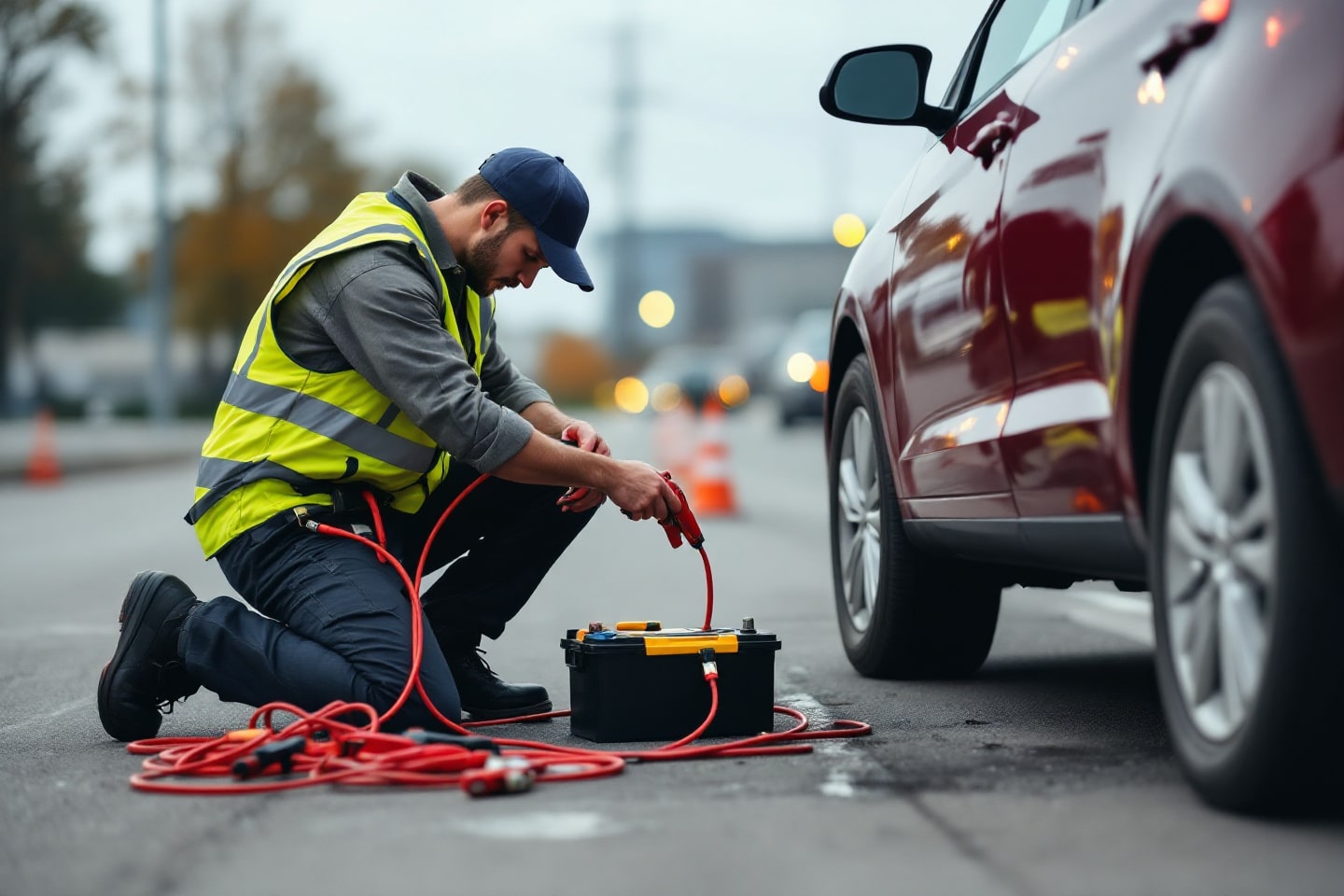 A roadside assistance worker in a high-visibility vest prepares jumper cables next to a car for a jump start (12V and 24V) service.