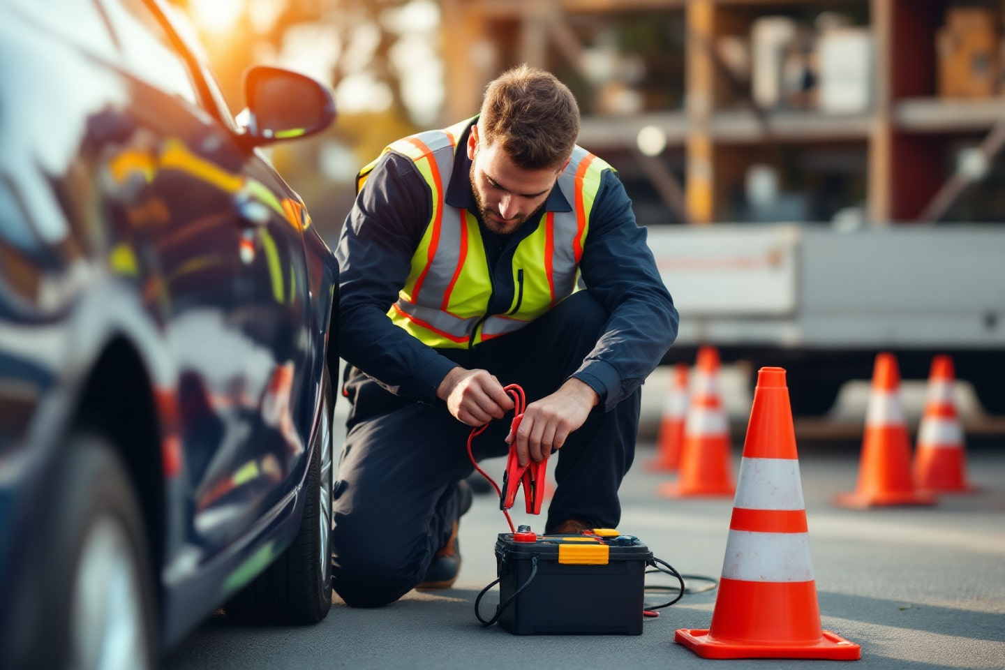 A roadside technician in a high-visibility vest connects jumper cables to a battery, providing a jump start (12V and 24V) service next to a parked car.