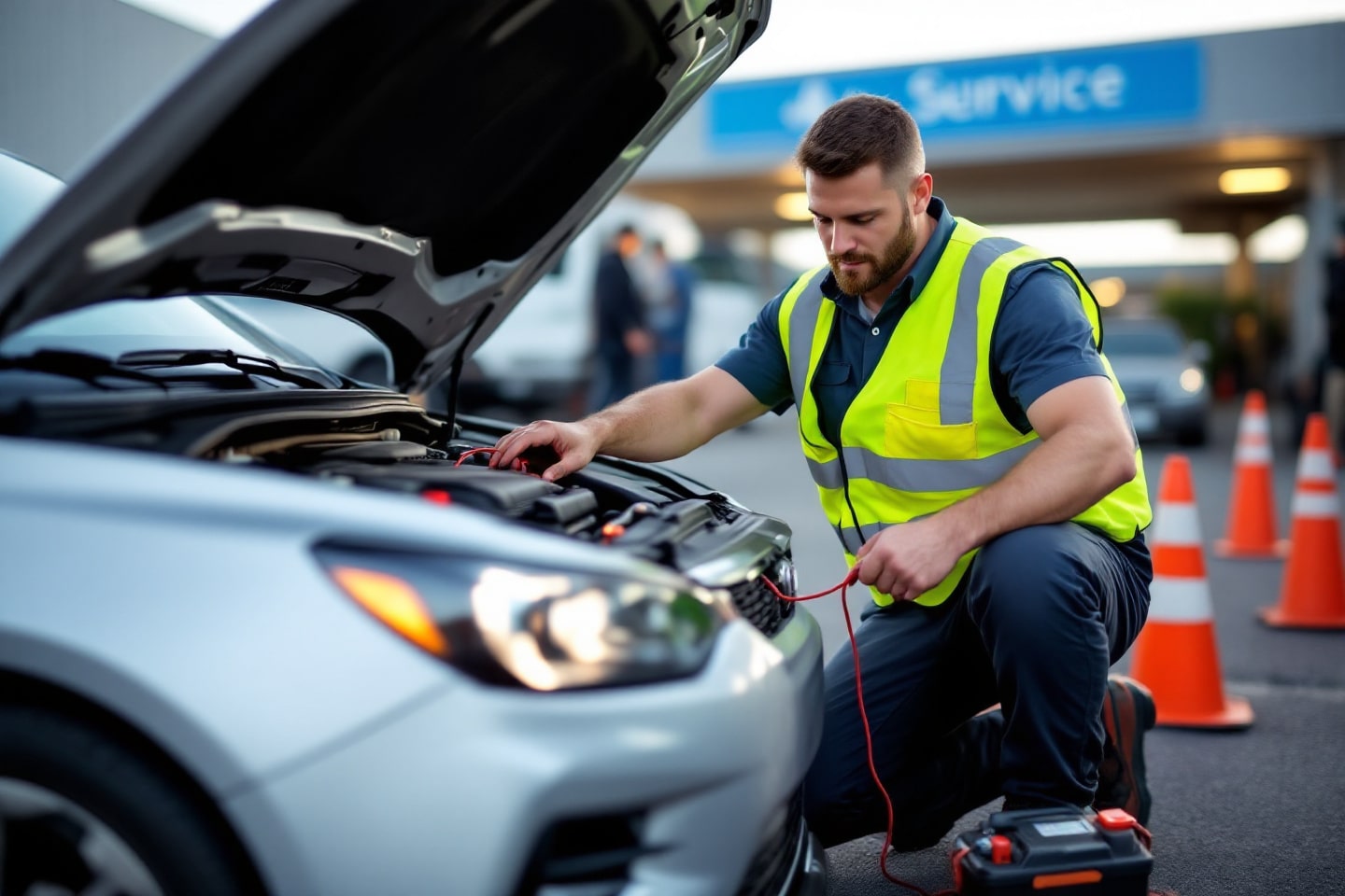 A roadside technician wearing a high-visibility vest connects cables to a car battery for a jump start (12V and 24V) service.