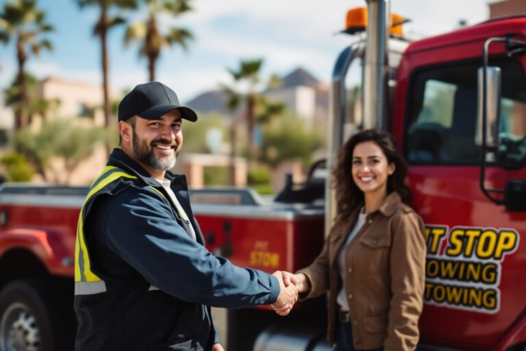 A satisfied customer shakes hands with a friendly driver from Pit Stop Towing AZ, showcasing their commitment to excellent service.