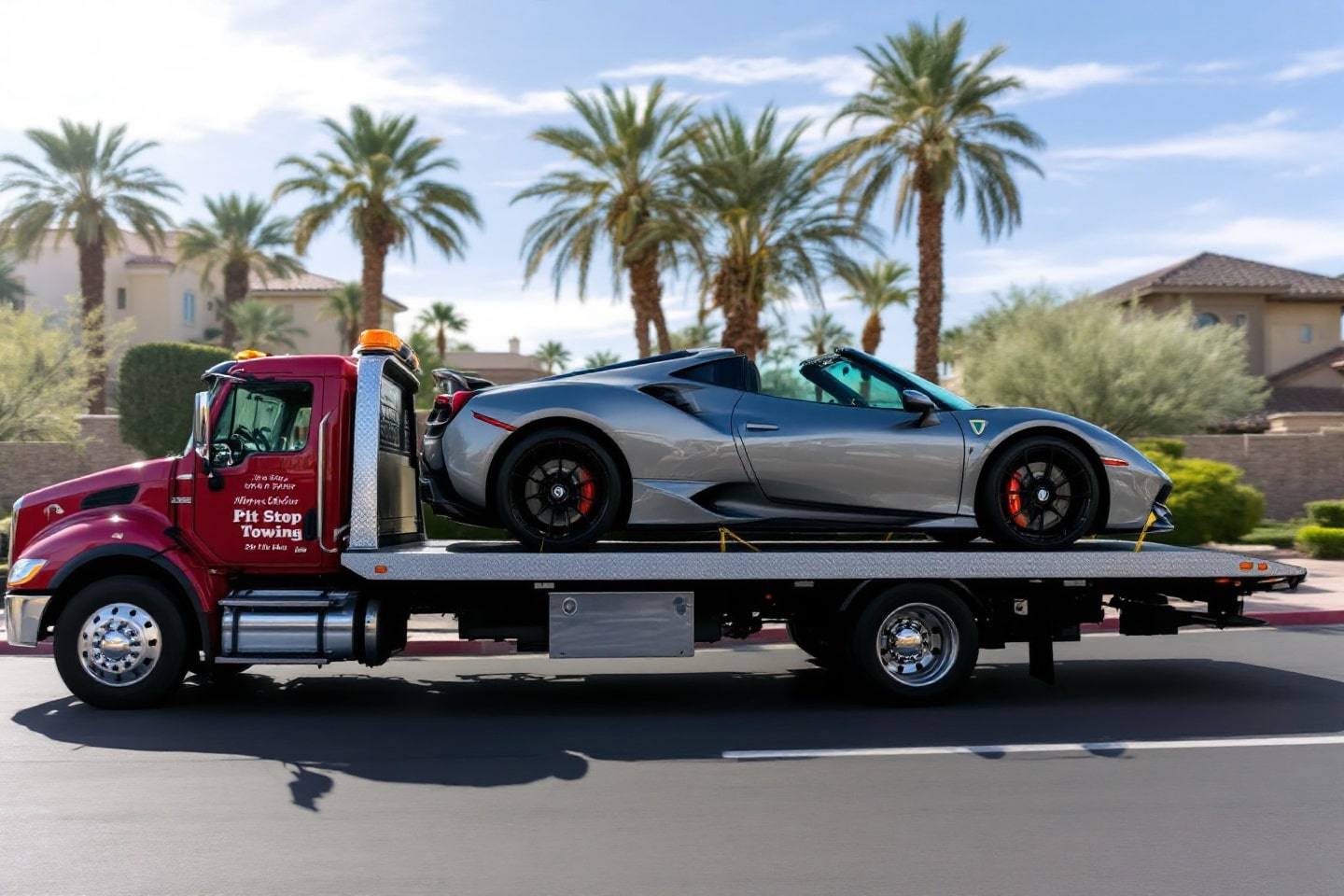 A silver exotic convertible is securely positioned on a red Pit Stop Towing flatbed truck, illustrating the Exotic Car Towing service amidst a scenic backdrop of palm trees