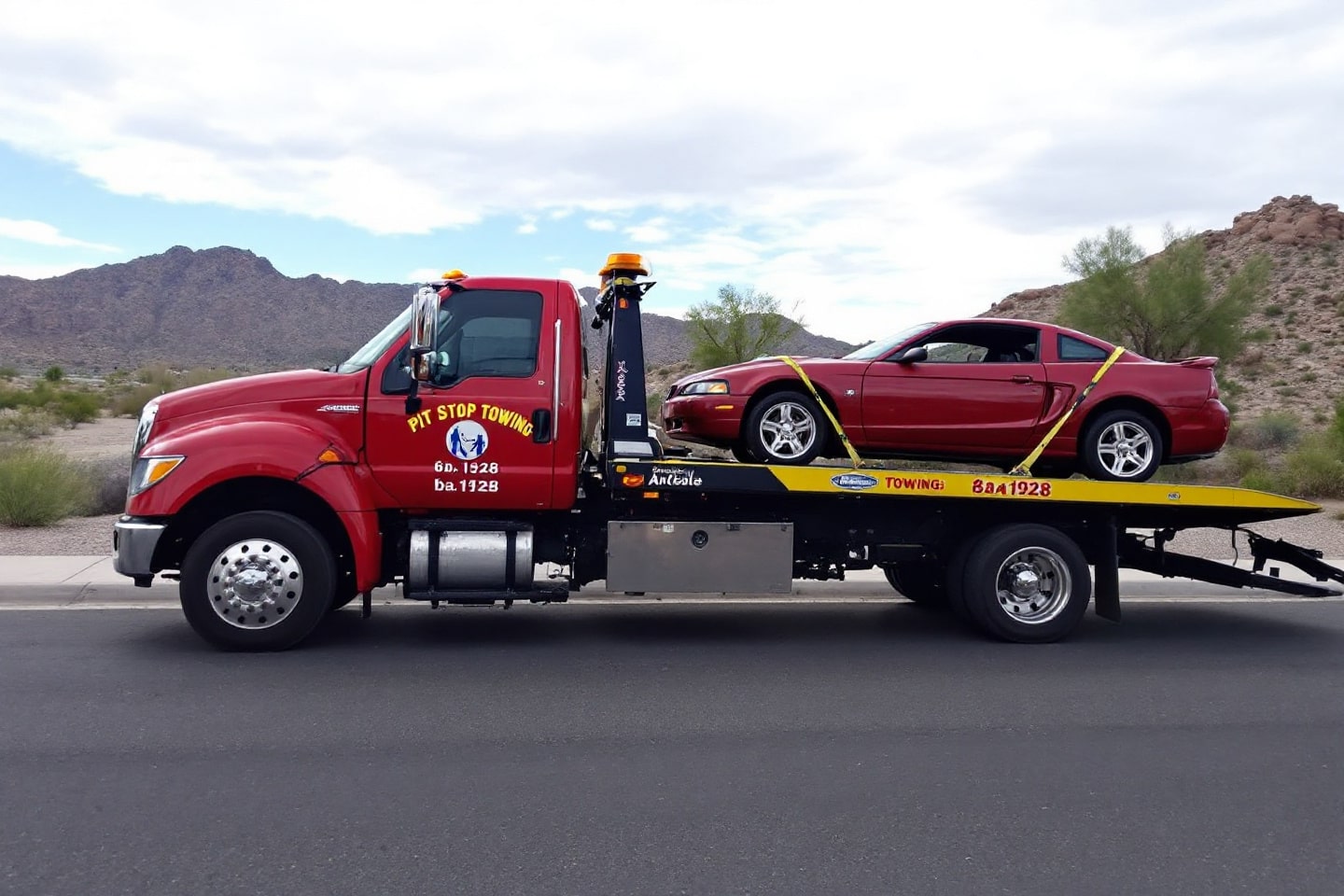 A sleek red car is safely secured on a Pit Stop Towing AZ truck, ready for transport.