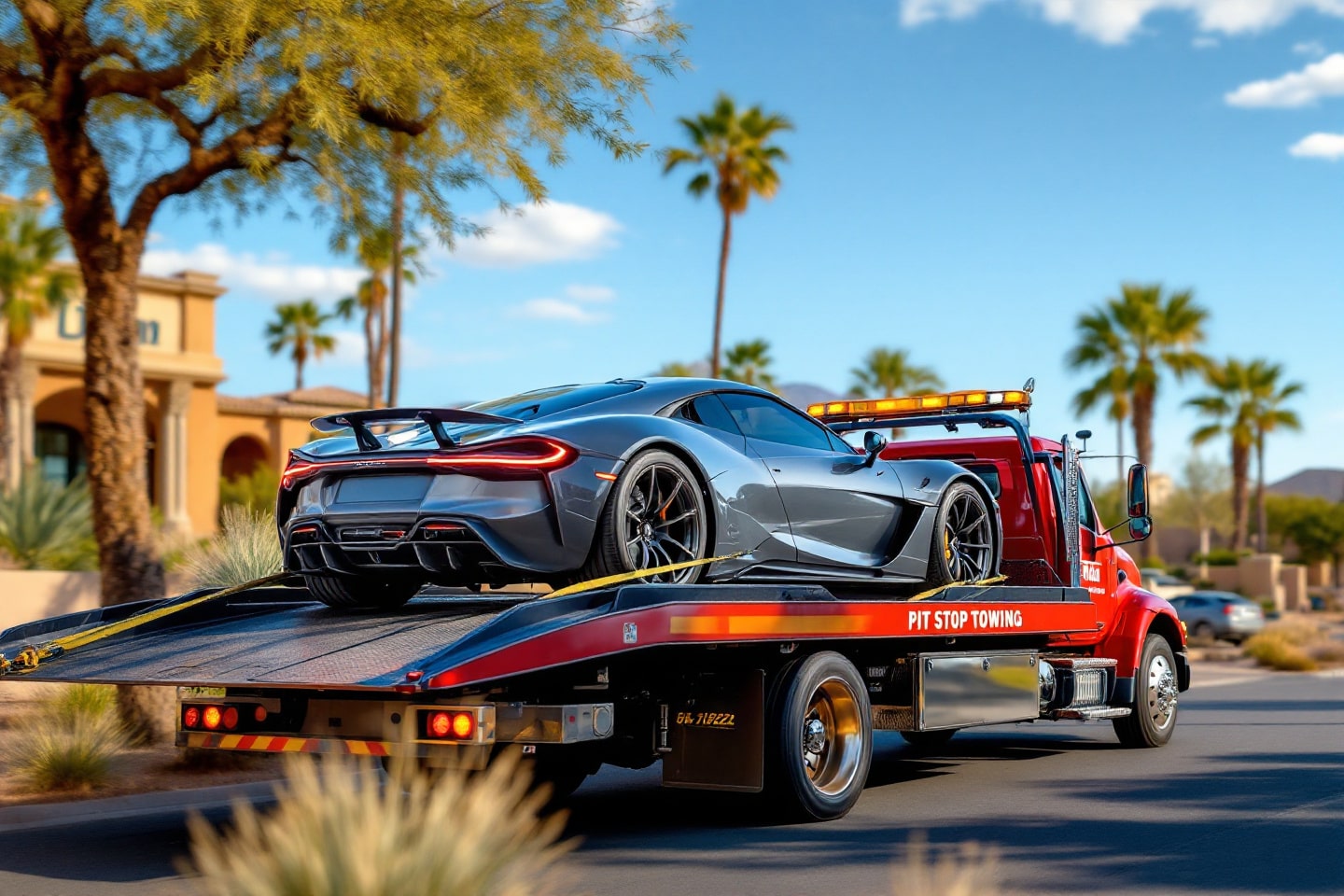 A sleek silver sports car is secured on a red Pit Stop Towing truck, showcasing the Exotic Car Towing service against a backdrop of desert landscape and palm trees