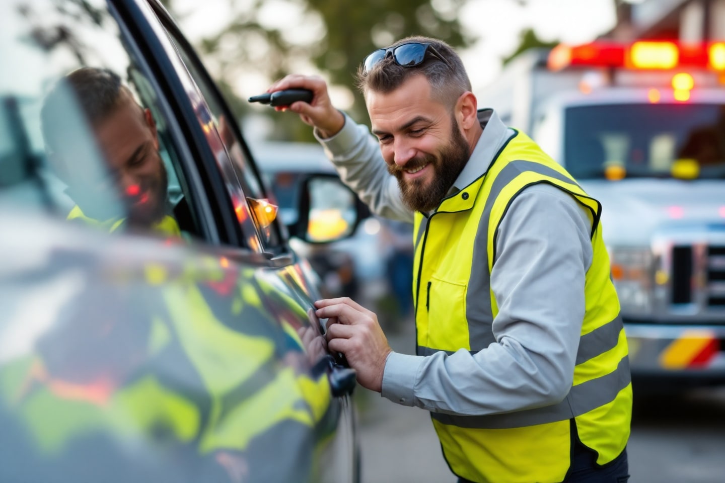 A smiling technician in a reflective vest provides auto and truck lockout services, using tools to unlock a vehicle door with a service truck in the background.