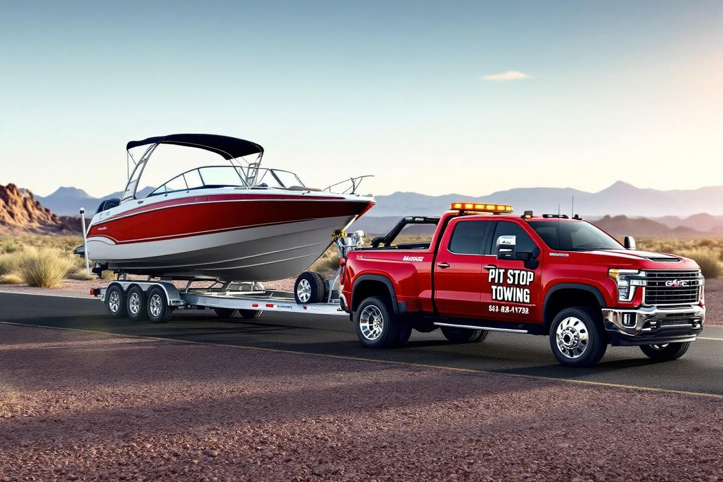 A sturdy Pit Stop Towing truck safely transports a large boat on a trailer, showcasing reliable boat trailers towing across scenic desert landscapes. jpg