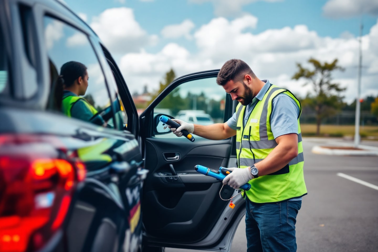 A technician in a reflective vest and gloves prepares tools to unlock a car as part of auto and truck lockout services, with the vehicle door open in a parking lot setting.