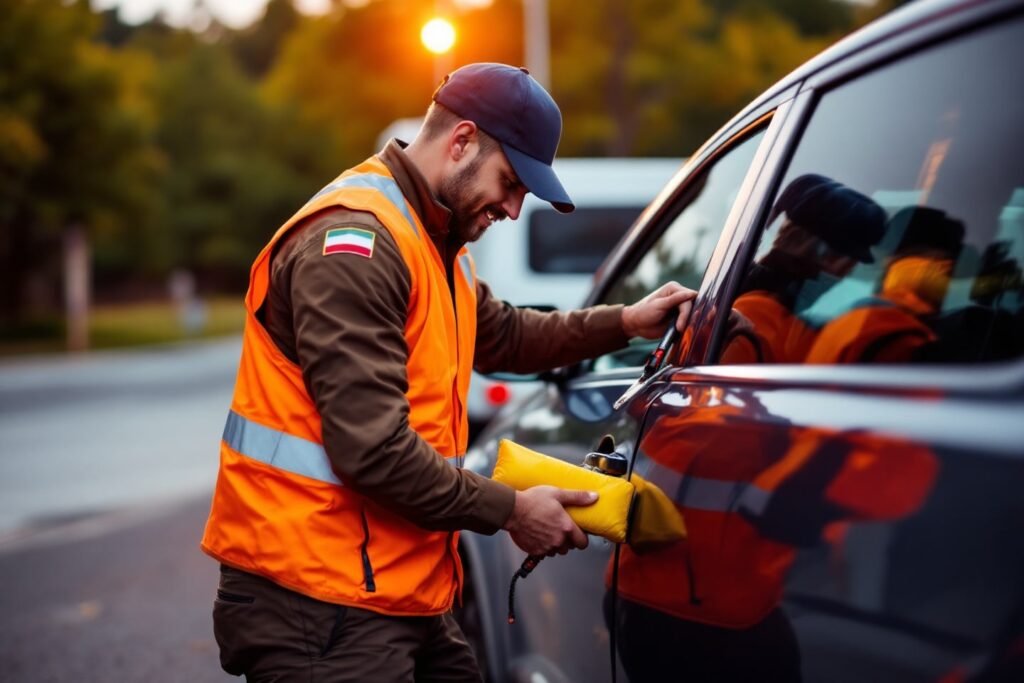 A technician in a safety vest provides auto and truck lockout services, skillfully unlocking a vehicle at sunset.