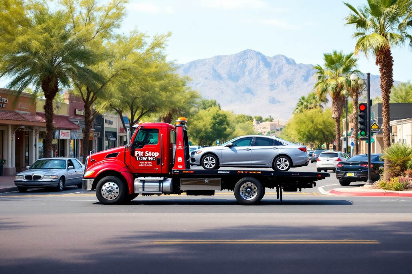 A towing truck carries a sedan, exemplifying the company's commitment to responsive and dependable local towing for nearby neighborhoods..jpg