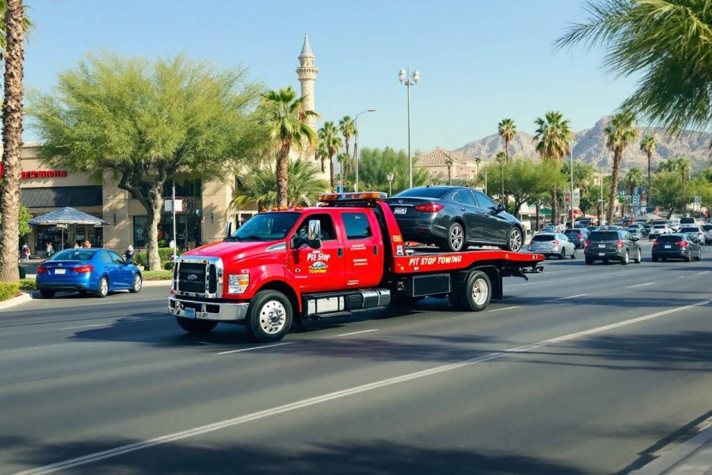 A vibrant red tow truck transports a vehicle through a busy local shopping area, showcasing reliable local towing services for quick and efficient vehicle assistance in town..jpg