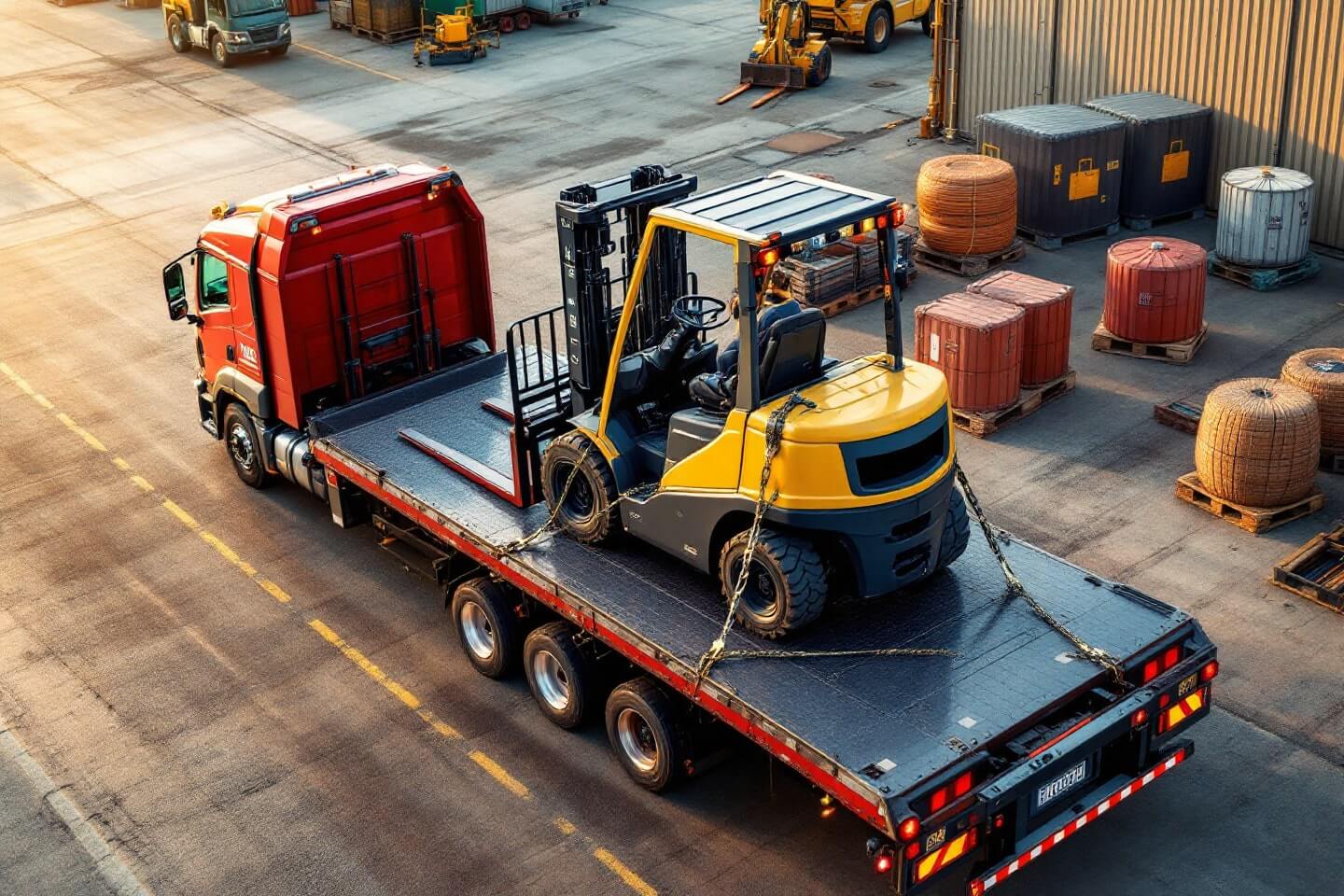 Orange forklift chained on a flatbed for transport, ensuring secure forklift towing.