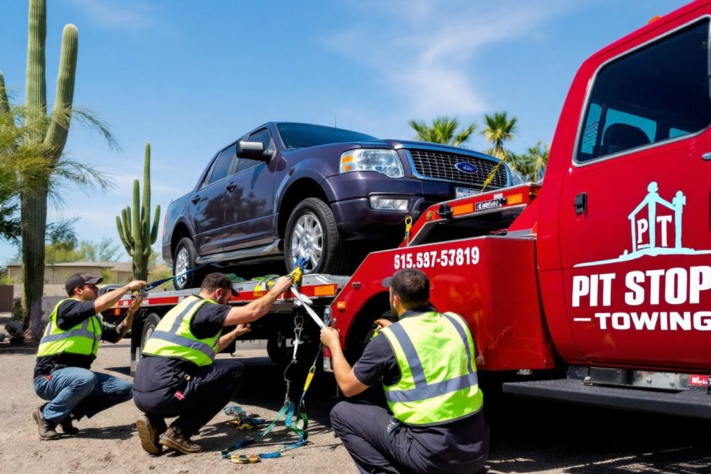 Pit Stop Towing AZ team secures a large SUV on their tow truck, demonstrating attention to detail and professionalism.
