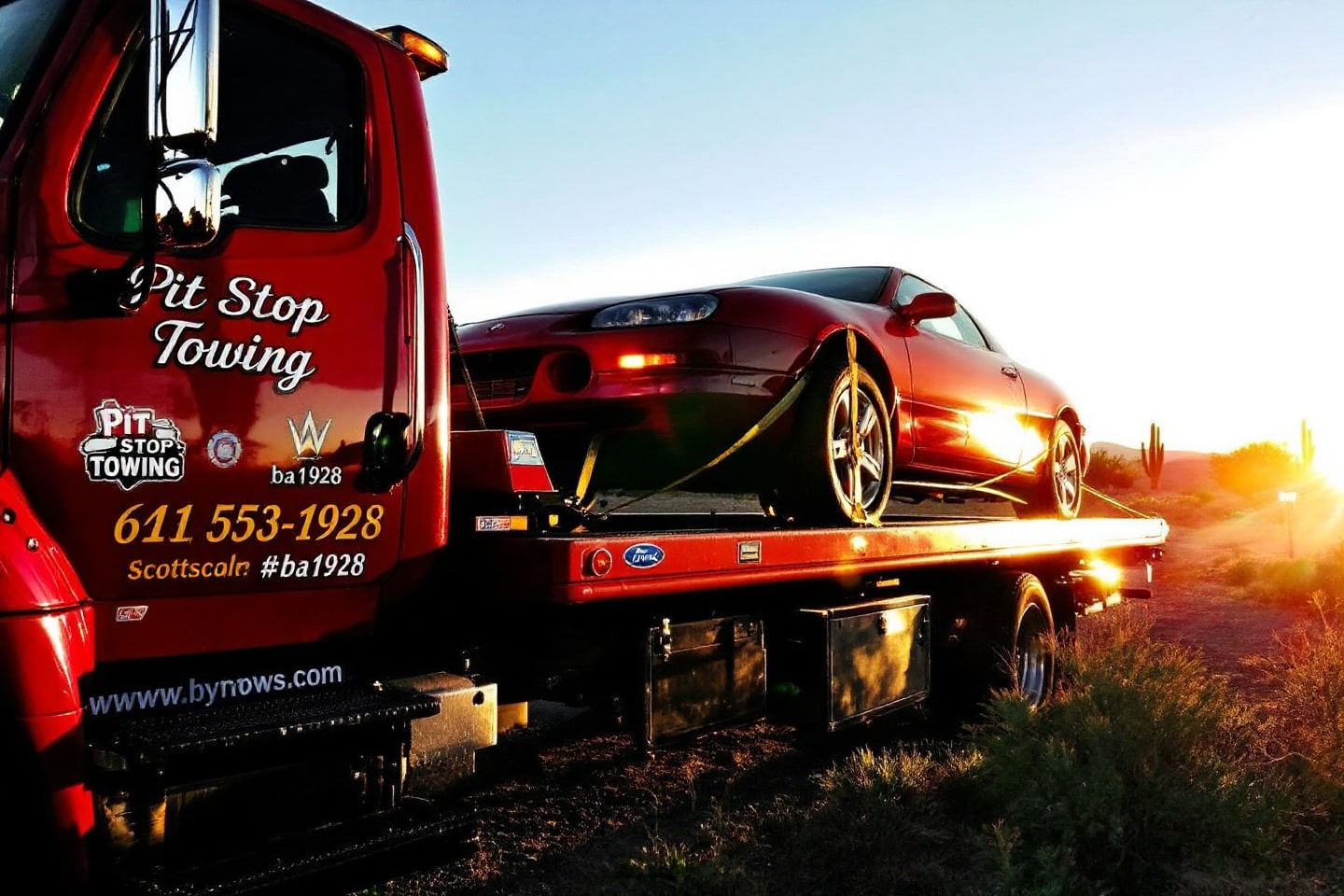 Pit Stop Towing AZ truck at sunset, transporting a vehicle securely with a scenic backdrop.