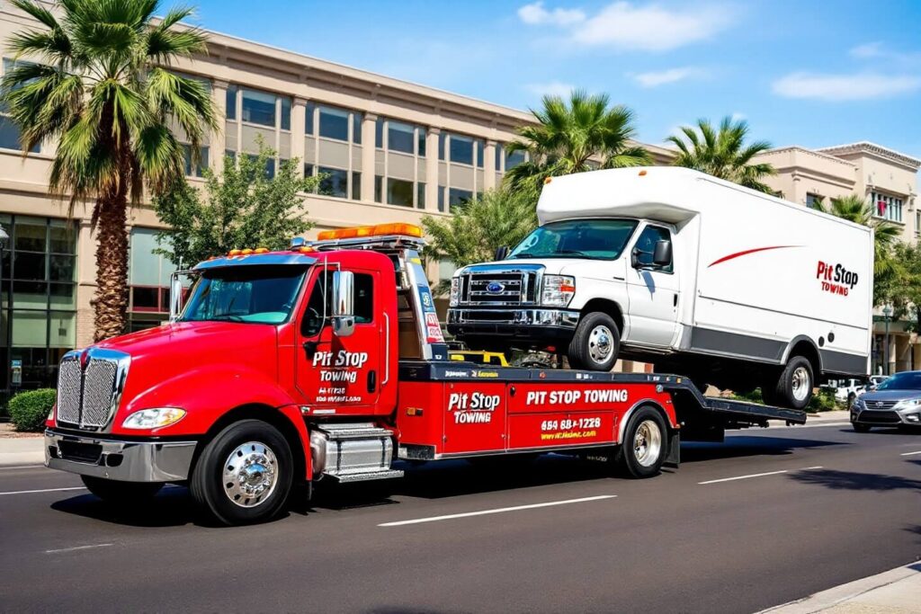 Pit Stop Towing truck loading a silver van at sunset, highlighting Commercial Vehicles Towing service.