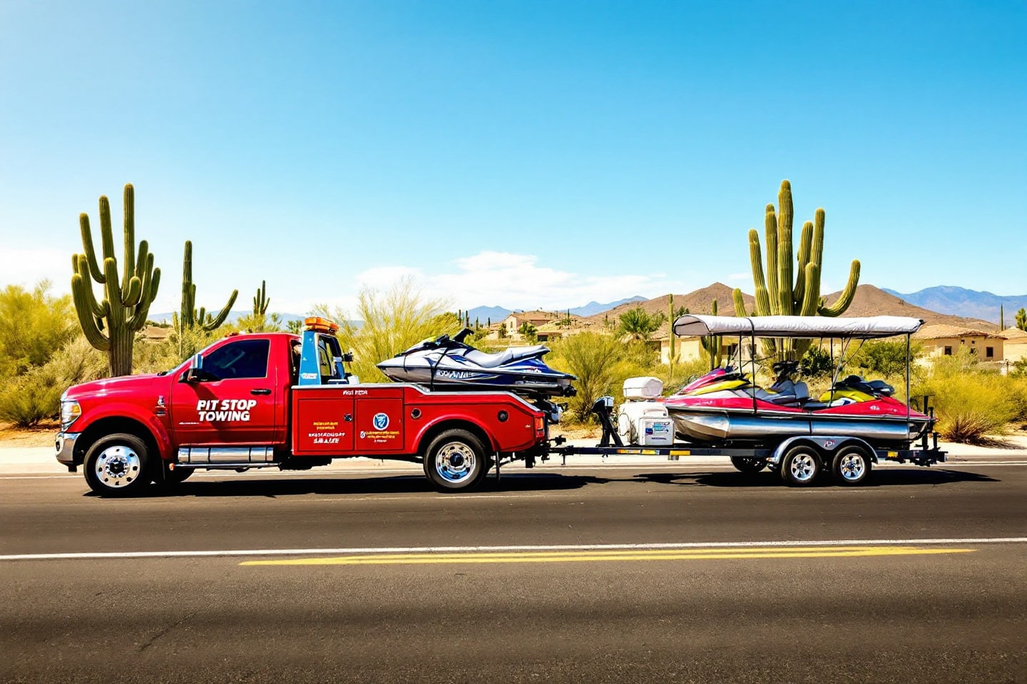 Pit Stop Towing truck transporting a pair of jet skis through desert scenery – Small Boats and Jetskis Towing.