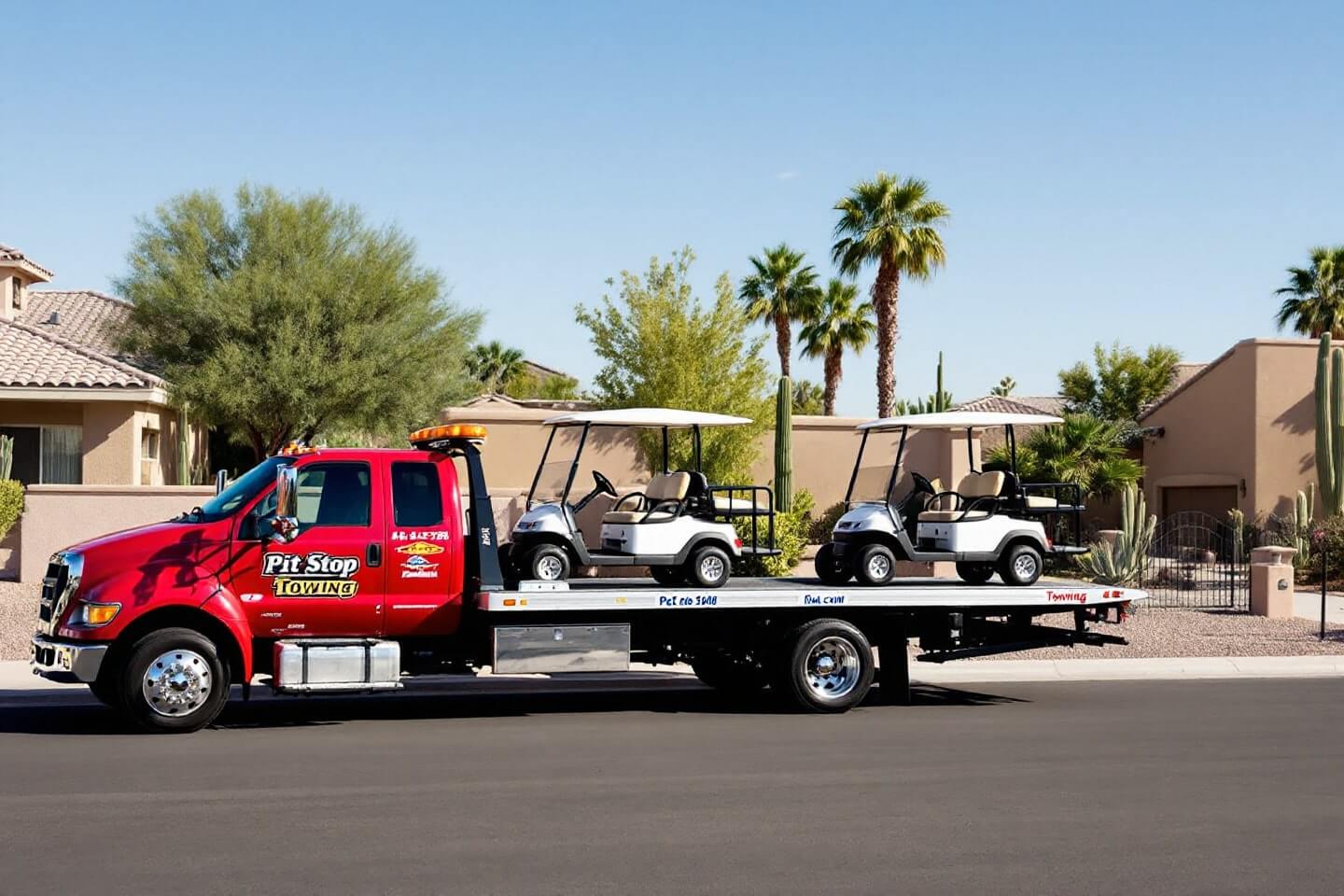 Pit Stop Towing truck with two white golf carts, showing Golf Carts Transport in a peaceful residential area.
