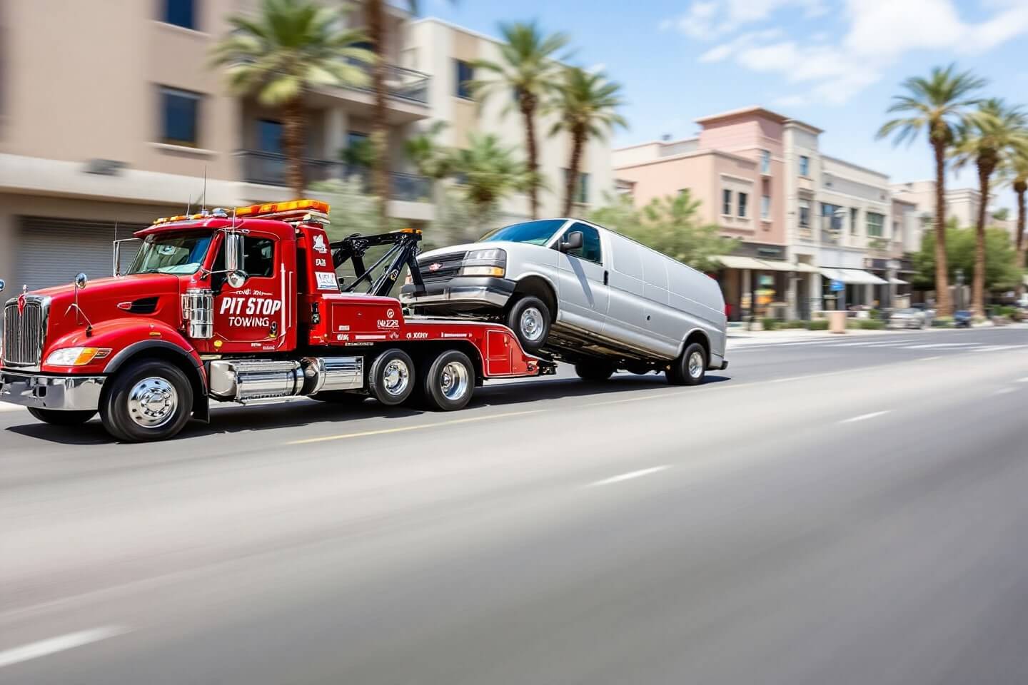 Pit Stop Towing vehicle towing a large van in front of their facility, a strong example of Commercial Vehicles Towing.