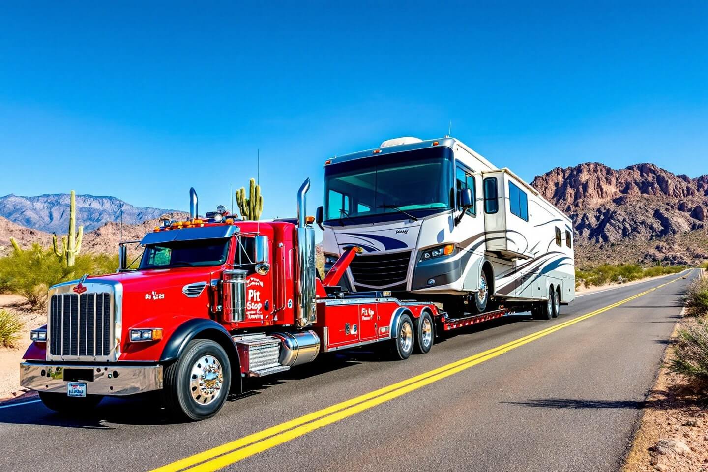 RV being towed by a heavy duty red tow truck on a desert highway, representing reliable RV Towing.