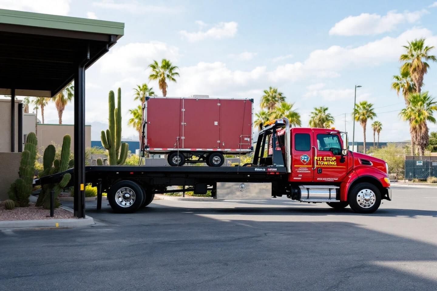 Red tow truck carrying a compact, silver toolbox outside a facility, demonstrating toolbox towing precision.