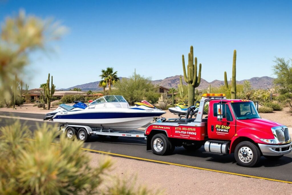 Red tow truck hauling a small boat in the desert setting – Small Boats and Jetskis Towing.