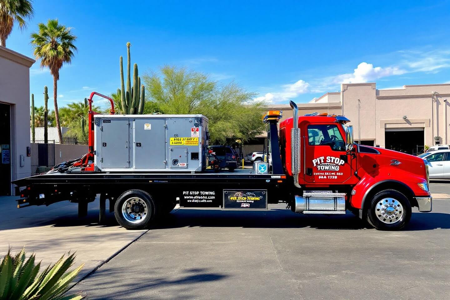 Red tow truck transporting a large silver toolbox, showcasing reliable toolbox towing services in a desert landscape.