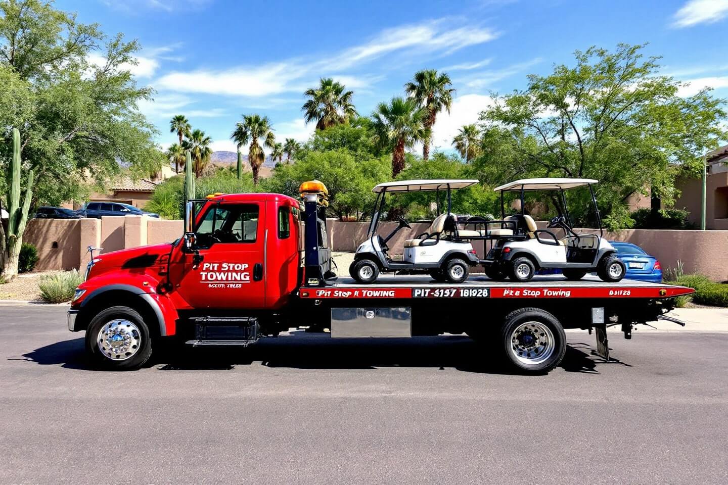 Red tow truck transporting two white golf carts on a flatbed, showcasing Golf Carts Transport in a residential setting.