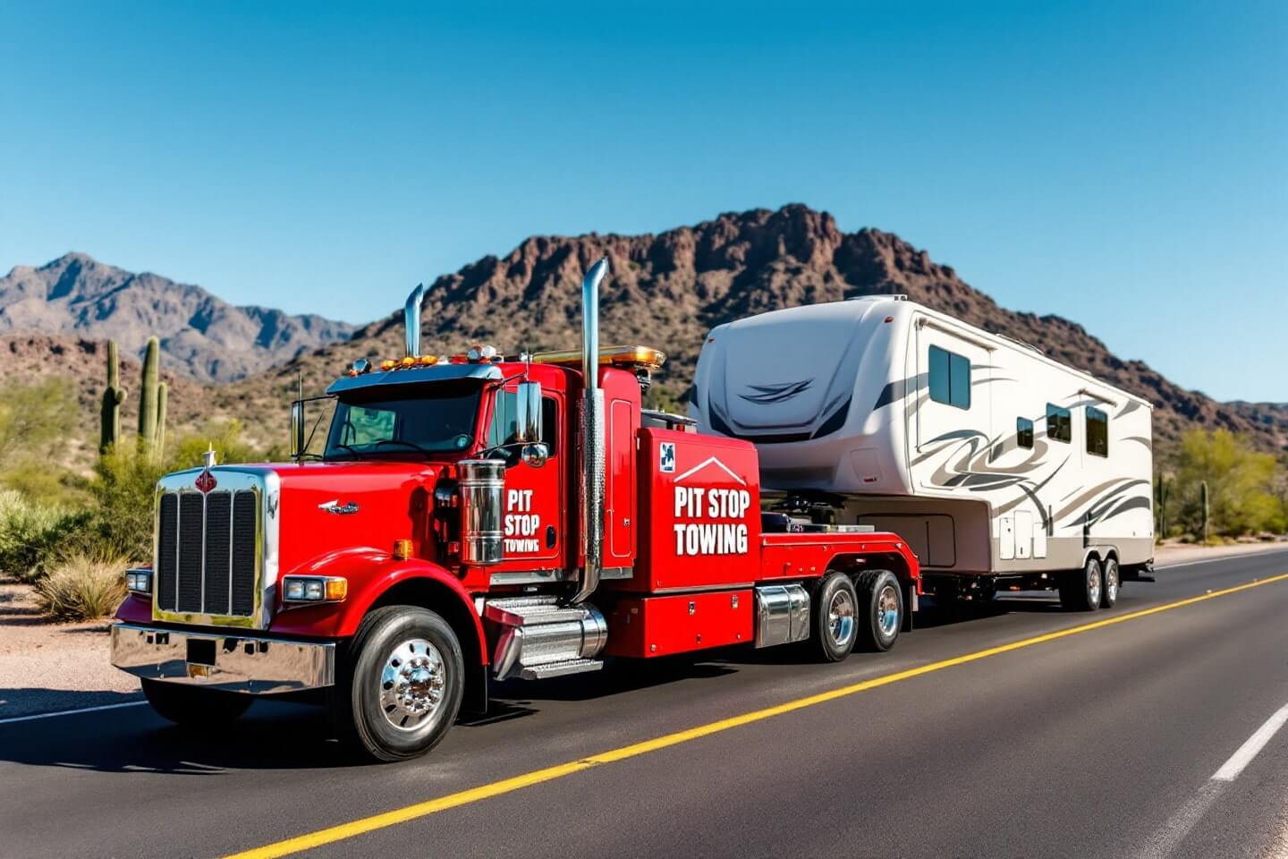 Red tow truck with a large RV trailer in a desert setting highlighting the capabilities of RV Towing.