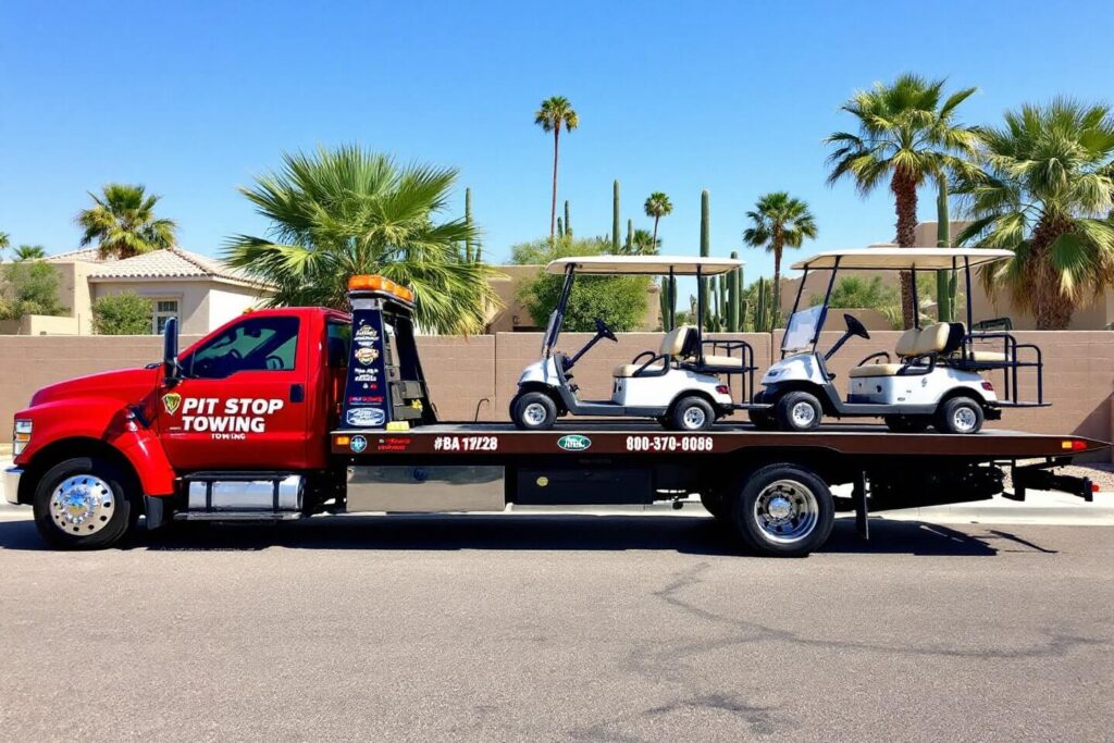 Red tow truck with two blue golf carts on board, demonstrating Golf Carts Transport in a desert-like setting with palm trees.