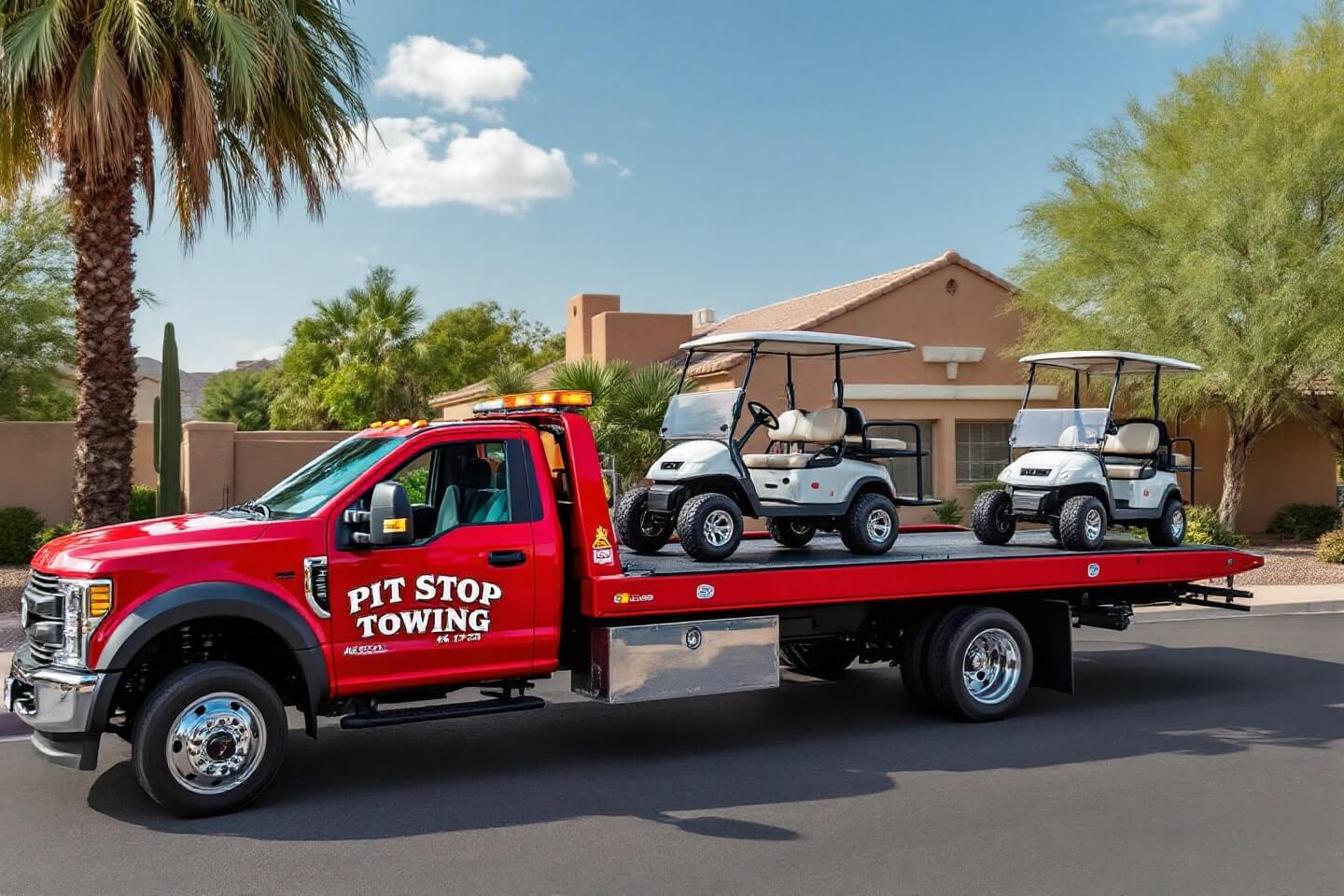 Red tow truck with two red golf carts securely positioned for Golf Carts Transport in a scenic neighborhood.