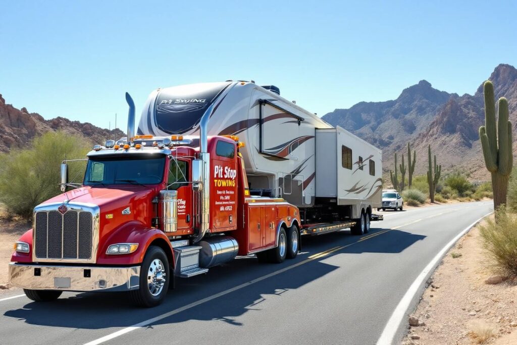 Red towing truck hauling a large RV along a scenic desert road, showcasing RV Towing.