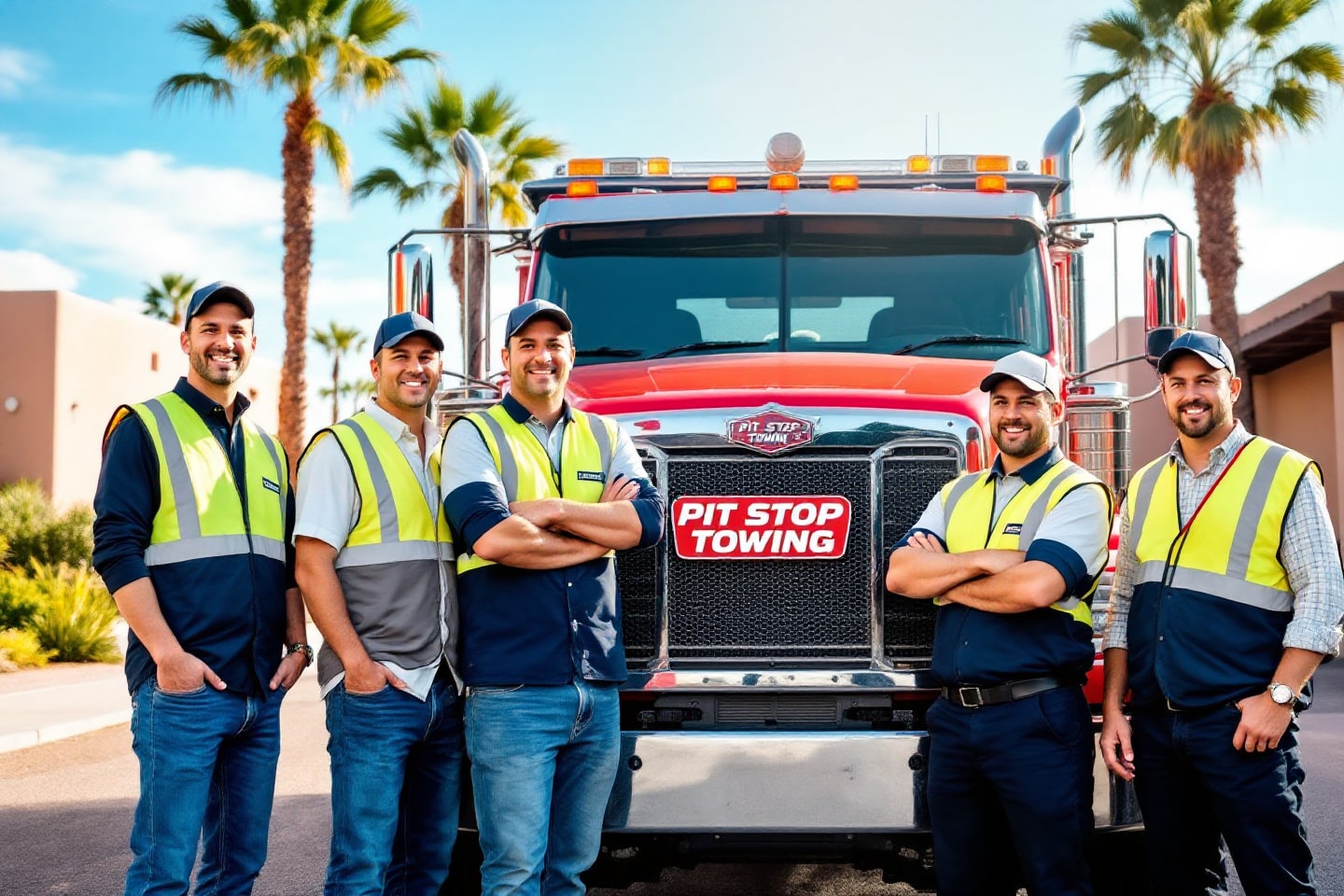 The dedicated team of Pit Stop Towing AZ stands confidently by their truck, ready to assist.