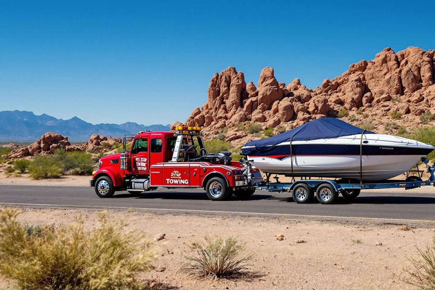 The robust Pit Stop Towing truck hauls a boat on a trailer across the desert landscape, demonstrating reliable boat trailers towing capabilities