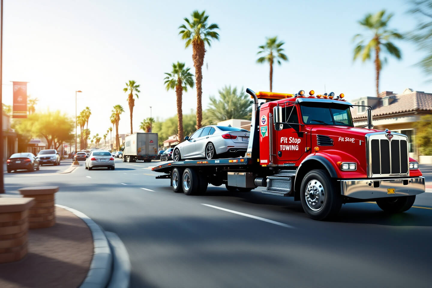 The towing truck is pictured transporting a car through a vibrant local district, emphasizing the convenience and reliability of their local towing services for urban clients.