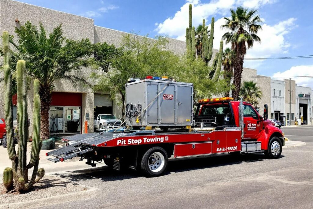 Toolbox securely fastened on a red tow truck, highlighting dependable toolbox towing in an industrial area.