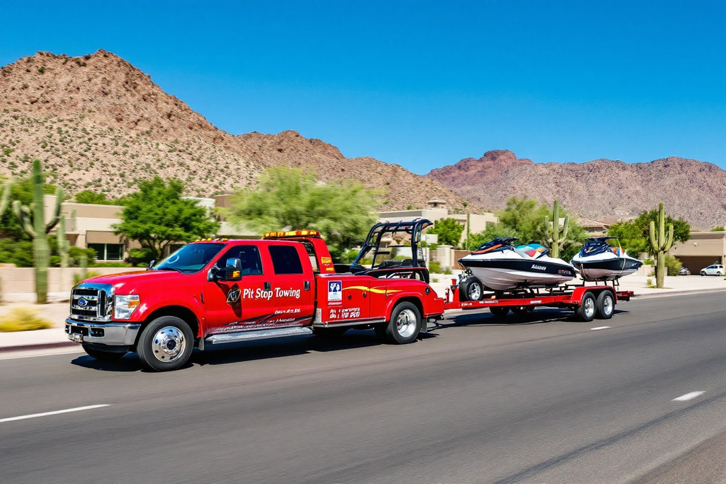 Tow truck with two jet skis and a boat on a trailer – Small Boats and Jetskis Towing.