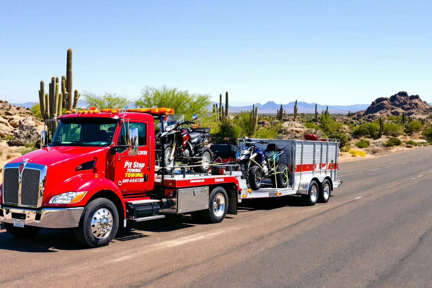 Red Pit Stop Towing truck hauling a trailer with motorcycles and ATVs through a desert landscape with cacti.