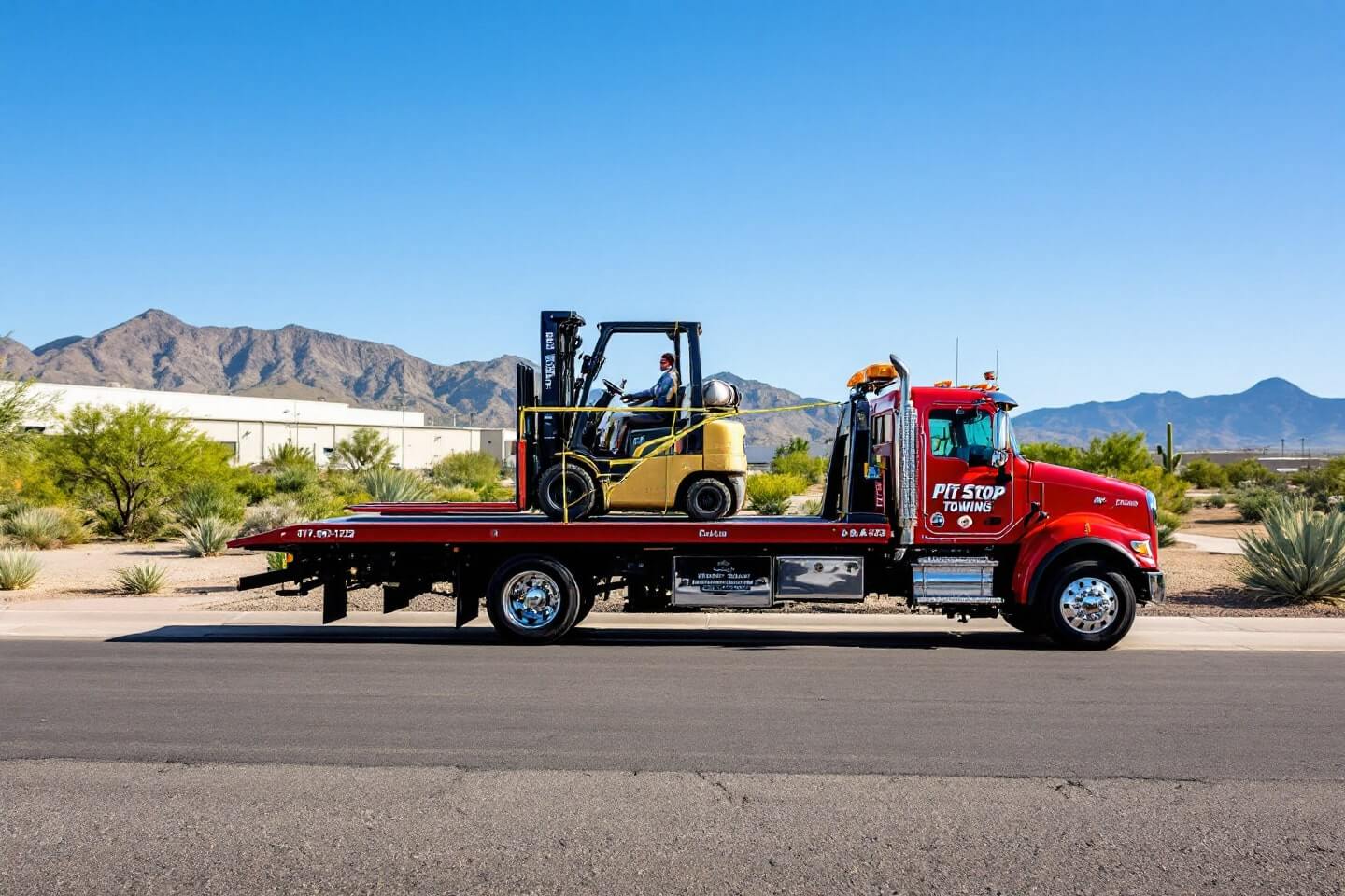 Yellow forklift securely strapped on a flatbed, emphasizing safe forklift towing practices.