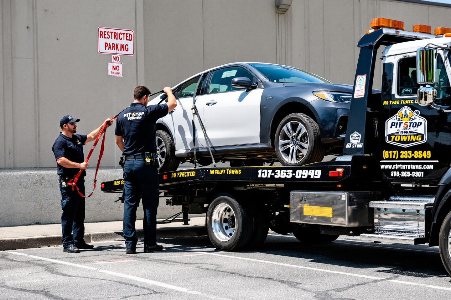 Pit Stop Towing team securing a vehicle in a restricted parking area for impound towing.