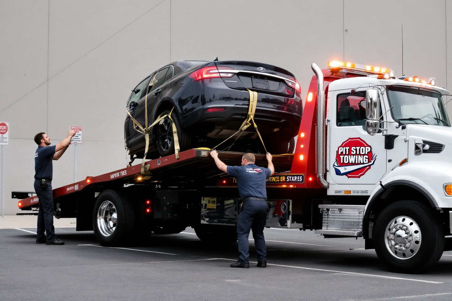 Tow truck operators securing a black sedan for impound towing on a red flatbed truck in a parking lot.