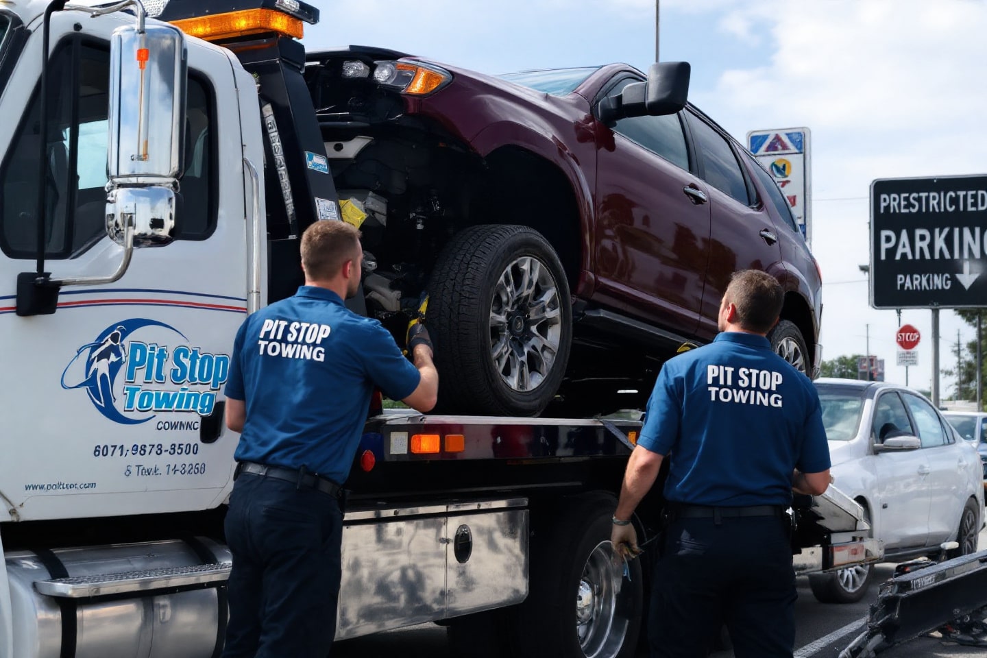 Tow truck operators from Pit Stop Towing securing a red SUV for impound towing in a restricted parking area.