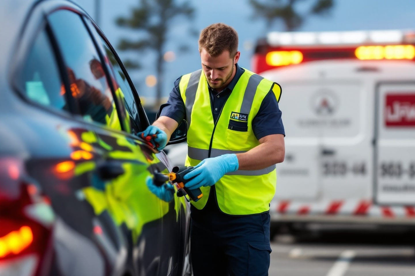 Professional roadside assistance technician using lockout tools to unlock a vehicle door, wearing gloves and a reflective vest for safety.