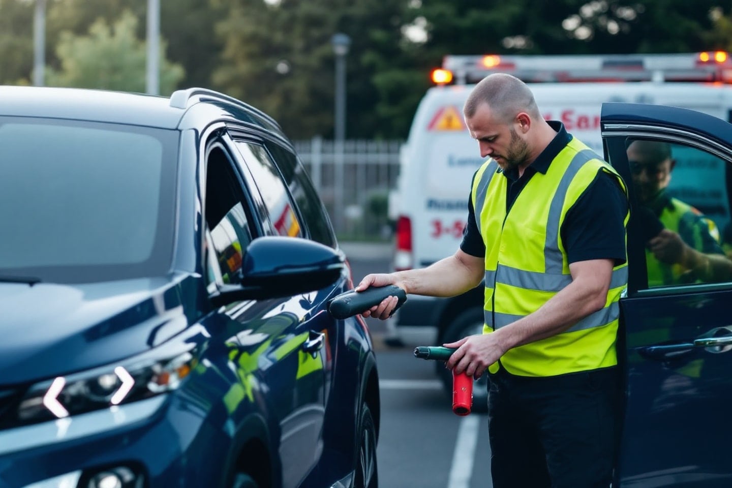 Roadside assistance technician in a reflective vest using specialized tools to unlock a blue SUV during a lockout service.