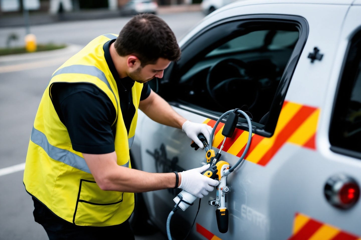 Roadside assistance technician using specialized tools to unlock a vehicle during a lockout situation, wearing safety gloves and a reflective vest.