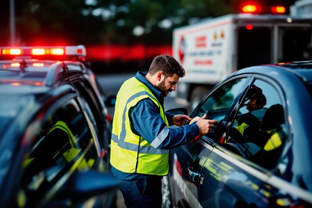 Roadside assistance technician helping with a lockout situation by unlocking a car door, wearing a reflective vest for safety.